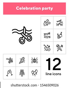 Celebration party line icon set. Ribbon cutting, cake with candles, cracker. Holiday concept. Can be used for topics like grand opening, birthday, show, event