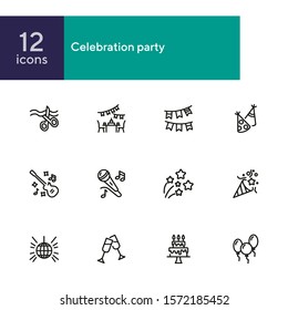 Celebration party line icon set. Ribbon cutting, cake with candles, cracker. Holiday concept. Can be used for topics like grand opening, birthday, show, event