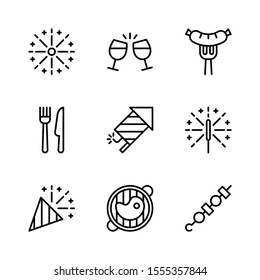 Celebration and Party Outline Vector Icon Set 1, Fireworks Explosion , Drink, Sausage, Dinner, Fireworks, Sparklers, Confetti, Grill and Barbecue