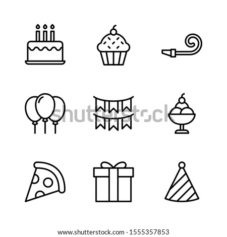 Celebration and Party Outline Vector Icon Set 3, Cake, Cupcake, Whistle, Balloons, Bunting Flags, Ice Cream, Pizza, Gift, and Party Hat
