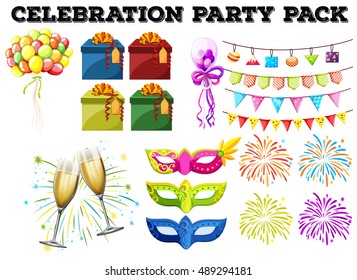Paquete de fiesta de celebración con regalos e ilustración de fuegos artificiales