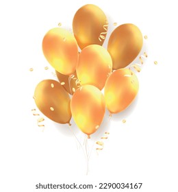 Antecedentes realistas de la fiesta de la celebración con un montón de globos de aire dorados decorados con la ilustración vectorial de cintas de oro