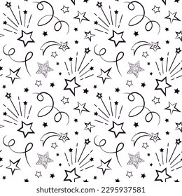 Celebration party seamless vector background, fireworks, stars and decorative ribbons, linear drawing monochrome wallpaper.