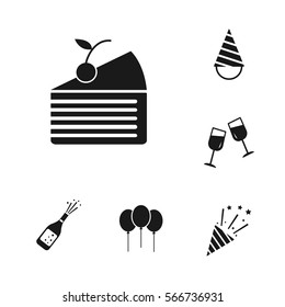 Celebration party set, including hat, birthday cake, wine glass, bottle, fireworks icons