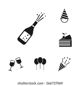 Celebration party set, including hat, birthday cake, wine glass, bottle, fireworks icons
