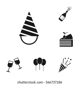 Celebration party set, including hat, birthday cake, wine glass, bottle, fireworks icons