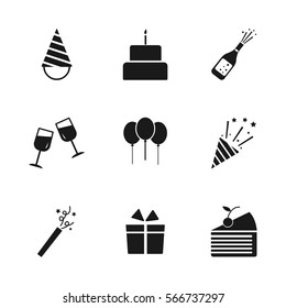 Celebration party set, including hat, birthday cake, wine glass, bottle, fireworks icons