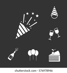 Celebration party set, including hat, birthday cake, wine glass, bottle, fireworks icons