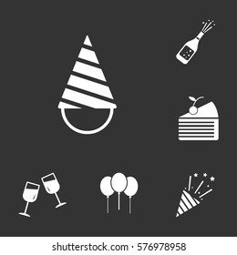 Celebration party set, including hat, birthday cake, wine glass, bottle, fireworks icons