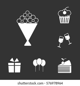 Celebration party set, including hat, birthday cake, wine glass, bottle, fireworks, microphone, flower icons