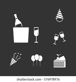 Celebration party set, including hat, birthday cake, wine glass, bottle, fireworks icons