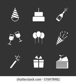 Celebration party set, including hat, birthday cake, wine glass, bottle, fireworks icons