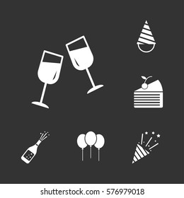 Celebration party set, including hat, birthday cake, wine glass, bottle, fireworks icons