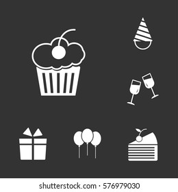 Celebration party set, including hat, birthday cake, wine glass, bottle, fireworks icons