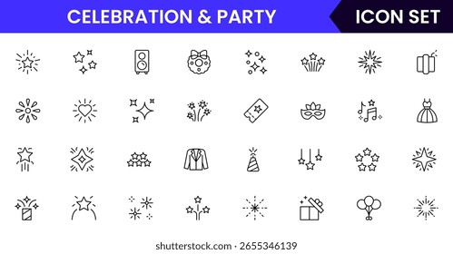 Celebration and  Party vector web line icon collection, sleek illustrations of balloons, confetti, cakes, gifts for vibrant, festive event designs.
