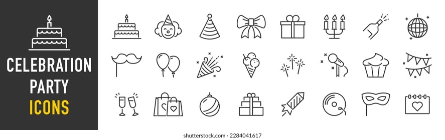 Celebration and Party web icons in line style. Birthday, dancing, happy new year, christmas, event, holidays, congrats, music, carnival, collection. Vector illustration.