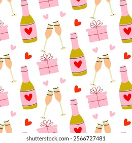 Celebration pattern featuring champagne bottles, glasses, hearts, and gifts for festive occasions