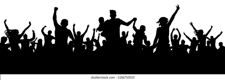 Celebration people silhouette. Crowd concert party audience. Soccer cheer fan goal. Cheerful crowd vector