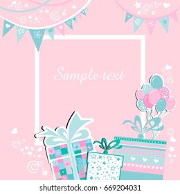 Celebration pink background with bunting flags, star, Frame, gift box and place for your text. Vector Illustration