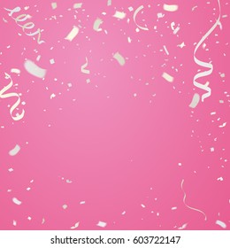 Celebration pink background template with confetti and White ribbons.