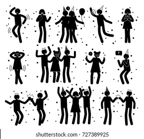 Celebration poses collection of black silhouettes on white. Isolated vector illustration of boys and girls partying dancing, drinking and having fun