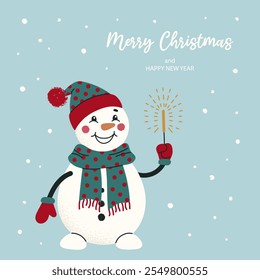 Celebration postcard with cute snowman and sparkler, snowflakes and typography on blue background. Grunge texture effect. Holiday design for poster, cover, label. Flat vector illustration.