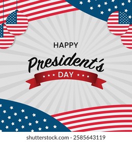 Celebration of President's Day 2025 with patriotic design, featuring historical figures, stars, and the American flag.