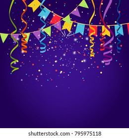 Celebration purple background with bounting flags, vector illustration