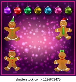 Celebration purple greeting with Gingerbread man and Christmas decorations