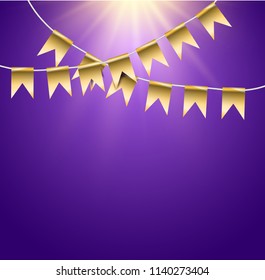 Celebration purple light background with gold garland flag party and enjoyment concept. Stock vector illustration.