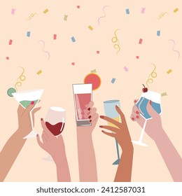 celebration with raised hands with glasses