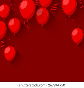Celebration red background with flat balloons and confetti. Vector illustration. 