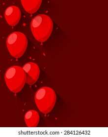 Celebration red background with flat balloons and confetti. Vector illustration. 