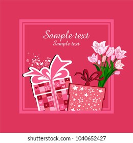 Celebration red background with pink flowers, gift box, frame and place for your text. Vector Illustration