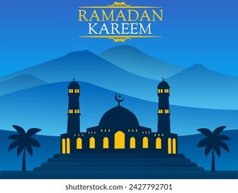 Celebration of the religious tradition of Ramadan Kareem, design of Islamic greetings with the concept of a mosque silhouette and a background of mountain shadows on a dark night