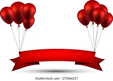 Celebration ribbon background with red balloons. Vector illustration. 