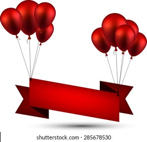Celebration ribbon background with red balloons. Vector illustration. 
