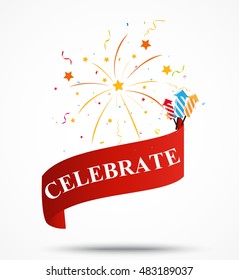 Celebration ribbon with fireworks 