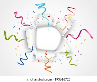 Celebration in ripped paper with ribbon and confetti