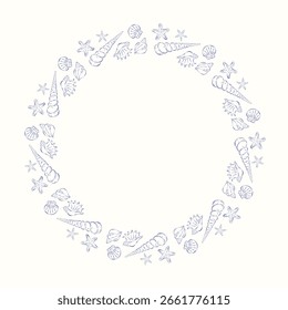 Celebration round frame with long, spiky, rolled seashells and starfish. Coastal life. Flat vector illustration. Versatile template for branding, card, poster, menu, invitation, flyer, print