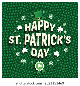 Celebración del Día de San Patricio, 17 de marzo. Hojas de trébol sobre un fondo verde. Concepto del día de San Patricio. Ilustración vectorial plana.