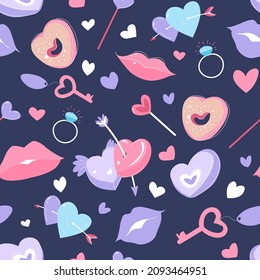 Celebration of Saint Valentines day holiday and congratulations, seamless pattern with decorative hearts, padlocks and keys. Engagement ring for marriage and kissing lips. Vector in flat style