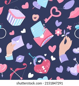Celebration of Saint valentines day, seamless pattern with presents and love letters in envelope, padlock in shape of heart, bow with arrows and flowers in hands. Kissing lips vector in flat style
