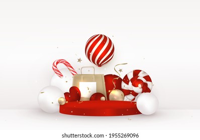 Celebration scene mockup. Red podium with gift,package, balloons.. Anniversary. Happy birthday greeting card, template for sales, promotion, invitation.Vector.