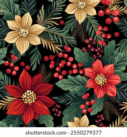 Celebration seamless pattern, Christmas flowers, Christmas tree branches and a berry. 