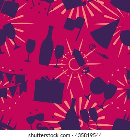 Celebration seamless pattern with fireworks drinks gift box silhouette vector