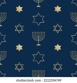 Celebration seamless pattern with golden chandeliers and stars of David on the black background for Hanukkah Jewish holiday. Luxury texture for banner, wallpaper, card or poster.