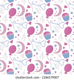 celebration seamless pattern pastel palette with balloons and cupcakes