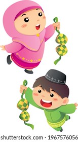 Celebration Selamat Hari Raya Aidilfitri vector illustration with cute muslim kids taking ketupat.