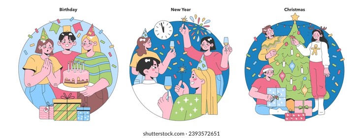 Celebration set. Birthday joy, New Year's toast, and Christmas cheer. Presents sharing, festive decorations, and joyful moments. Flat vector illustration